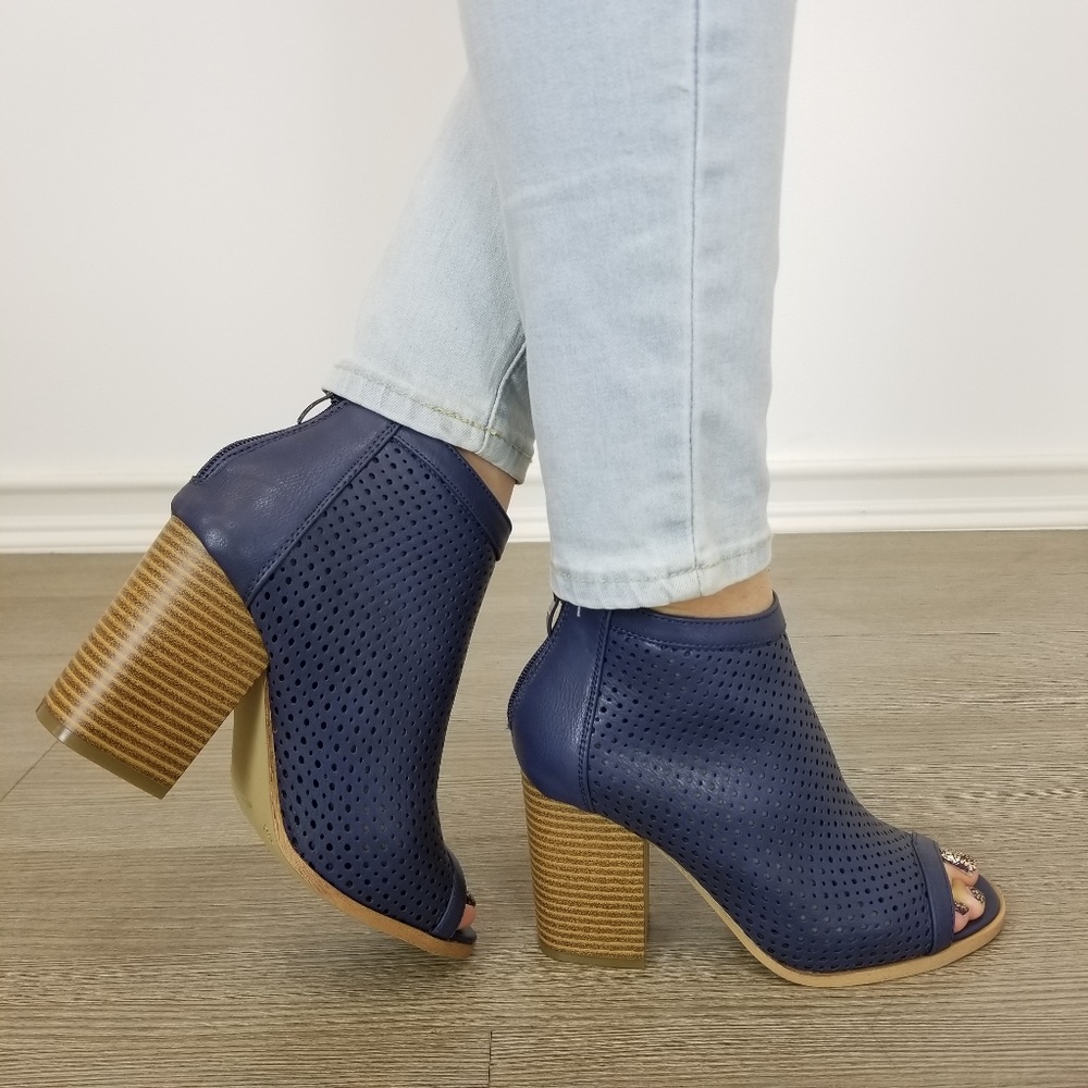 Navy Perforated Heeled Open Toe Ankle Boots - Picture 2 of 7